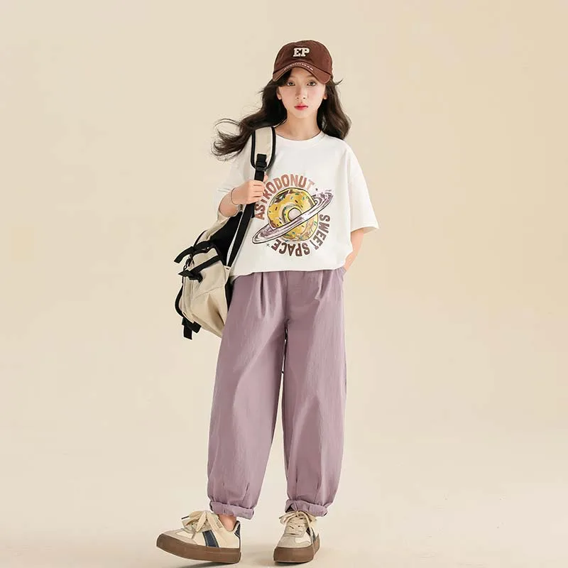 

Корейские летние футболки больших размеров для девочек-подростков, топы с коротким рукавом и блестками с мультяшным принтом для девочек-подростков, школьная хлопковая детская одежда