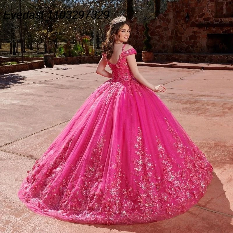 

EVLAST Glitter Pink Quinceanera Dress Ball Gown 3D Floral Applique Beading Crystals Corset Sweet 16 Vestido De 15 Anos TQD515