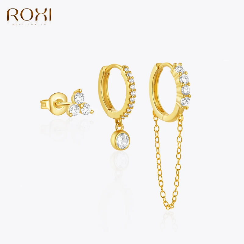 

ROXI 925 Sterling Silver 3pcs Earring Set Zircon Tassel Chian Piercing Earrings For Women 18K Gold Plate Wedding Party Jewelry