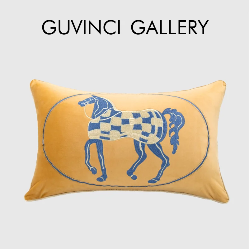 

GUVINCI Luxury Velvet Lumbar Pillow Cover Modern Retro H Style Horse Embroidered Cushion Case 30x50cm For Living Room Sofa Bed