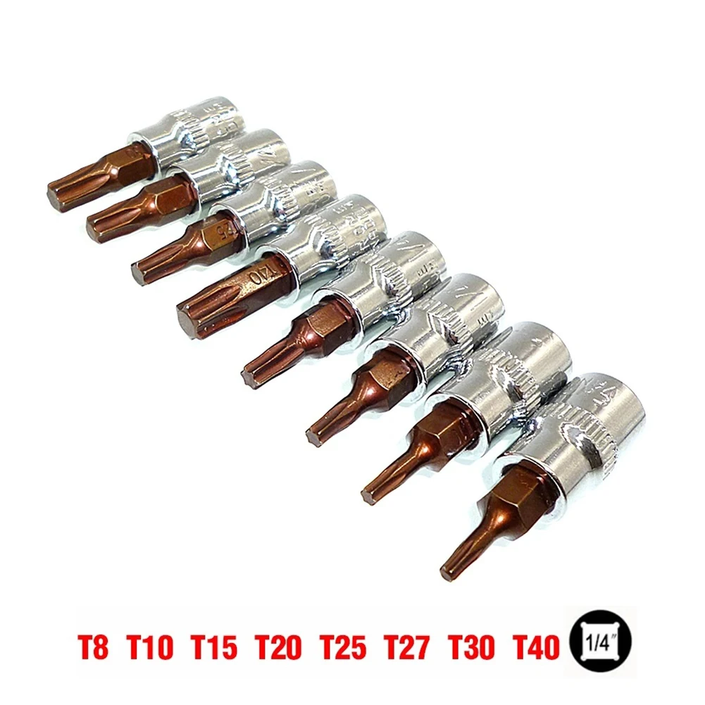 

8Pcs Metal Screwdriver Bit 1/4inch Bit Socket T8 T10 T15 T20 T25 T27 T30 T40 Screwdriver Bits Hex Shank Dia About 6.35mm