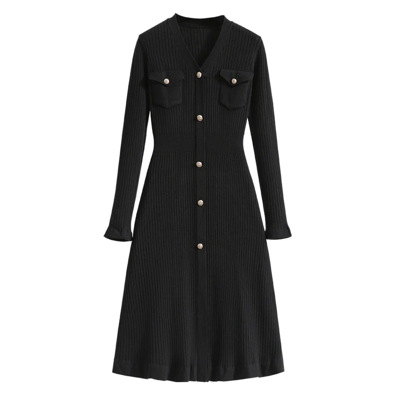 

Элегантное вязаное платье до колен для женщин 2023, женское свободное черное ТРАПЕЦИЕВИДНОЕ Повседневное платье большого размера 4XL с V-образным вырезом на осень и зиму