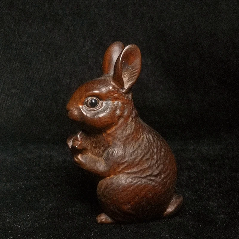 

YIZHU CULTUER ART Height 6.8 CM Old Chinese boxwood hand carved vivid Rabbit Figure statue Netsuke decoration Gift collection