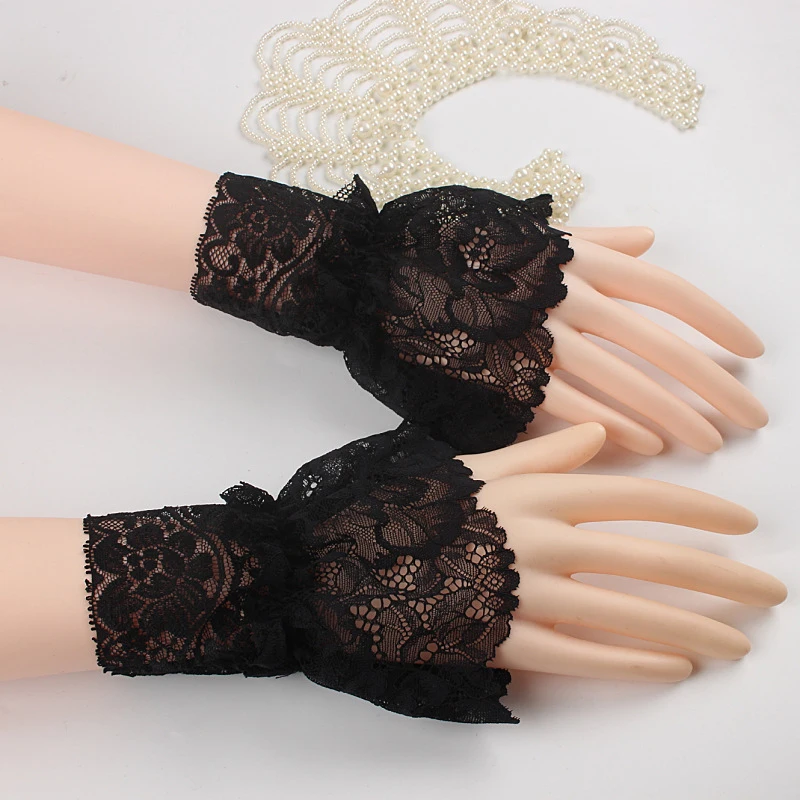 

Women Short Arm Sleeves Lace Wrist Cuffs Bracelets Bowknot Fashion Glove Solid Black White Gloves Gothic Fingerless Gloves