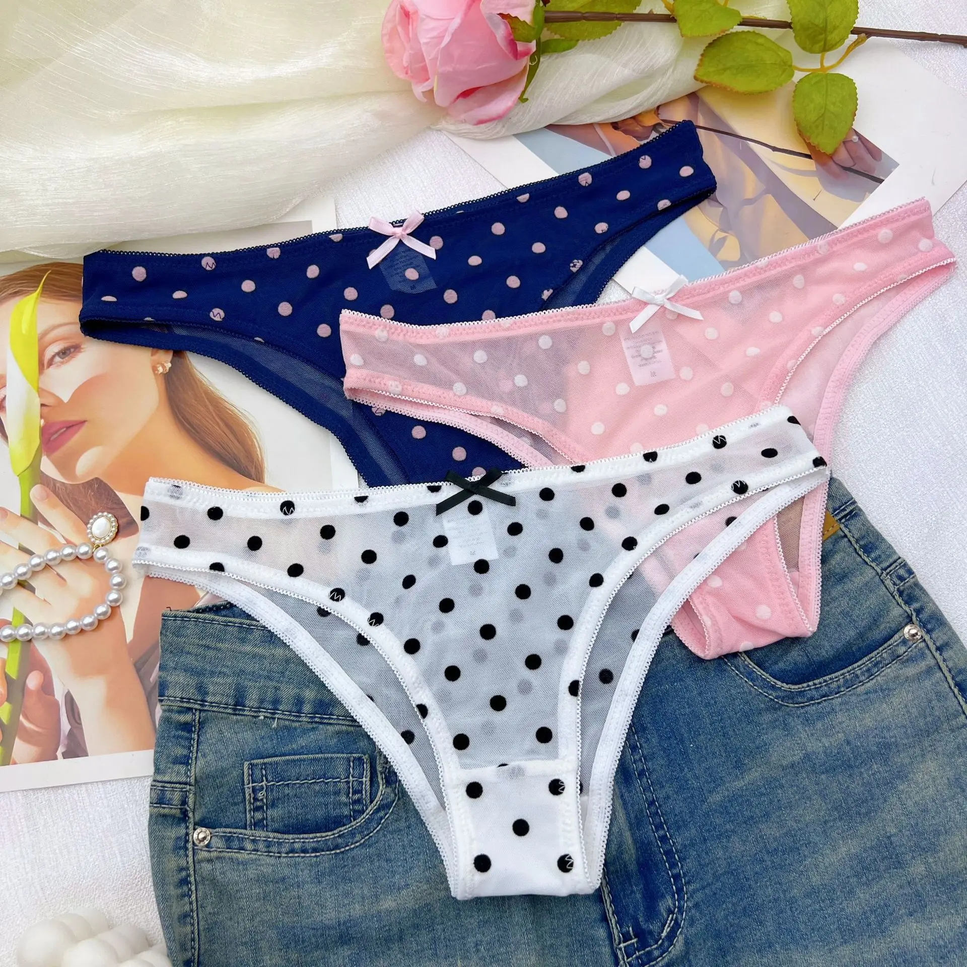3pcs Lady's Underwear Sexy Bikini Panty Women's Polka Dot Mesh Briefs Low Rise Cut Cheeky Bow Decor Cute Underwear All-season 14 S3e5d1f53bfb34cfb9611399defcfa201r