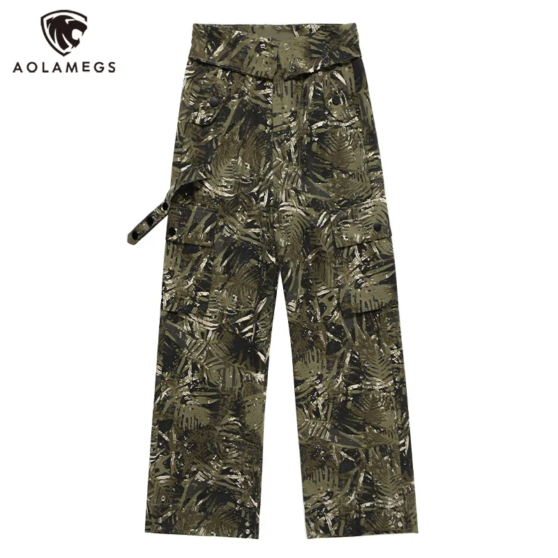 

High Sense Men Plant Leaves Painting Printed Cargo Pants Patch Pockets Ribbon Decorated Straight Trousers Oversized All-match