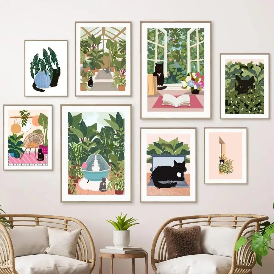 Холст в скандинавском стиле с тропическими листьями и черной кошкой, современное художественное настенное украшение для гостиной, детской, ванной комнаты 
Холст в скандинавском стиле с тропическими листьями и черной кошкой, современное художественное настенное украшение для гостиной, детской, ванной комнаты