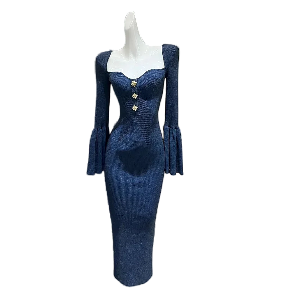 

Blue retro knit long-sleeved dress women's fall long dress fashion sense temperament French light mature wind hip skirt 2024