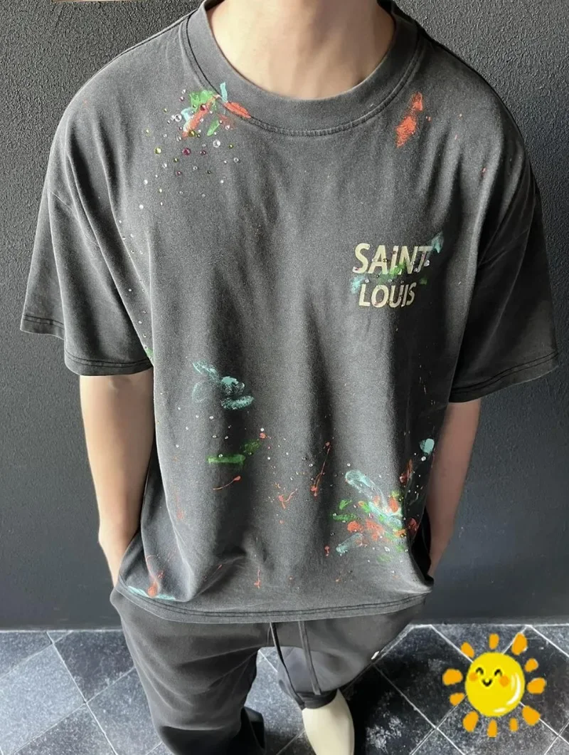 

New Tie-dyed Saint Louis T-Shirt Men Women Splash Ink Diamond Saint Michael Tee Casual T Shirt harajuku