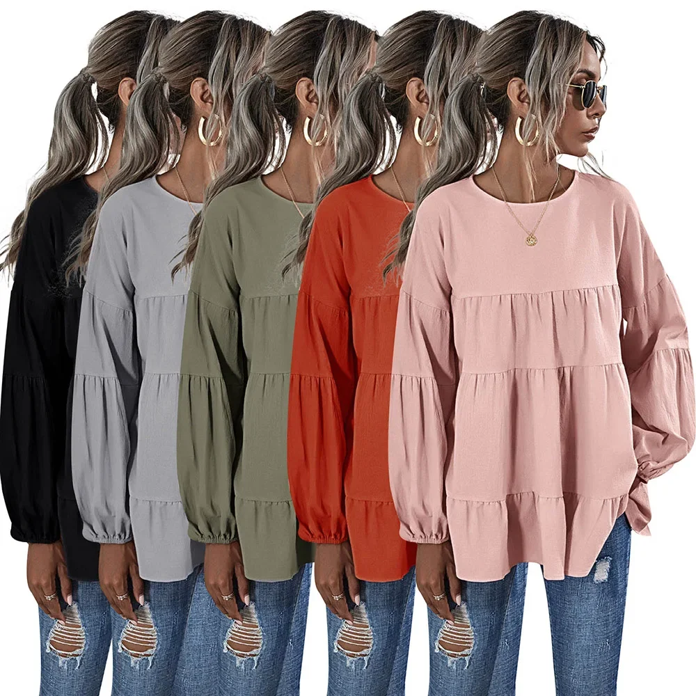 

Elegant Women Summer Spring Ruffles Blouse Tops Casual Solid Loose Blusas Long Sleeve Femininas Flounce Shirt Chemise Tunic Tops