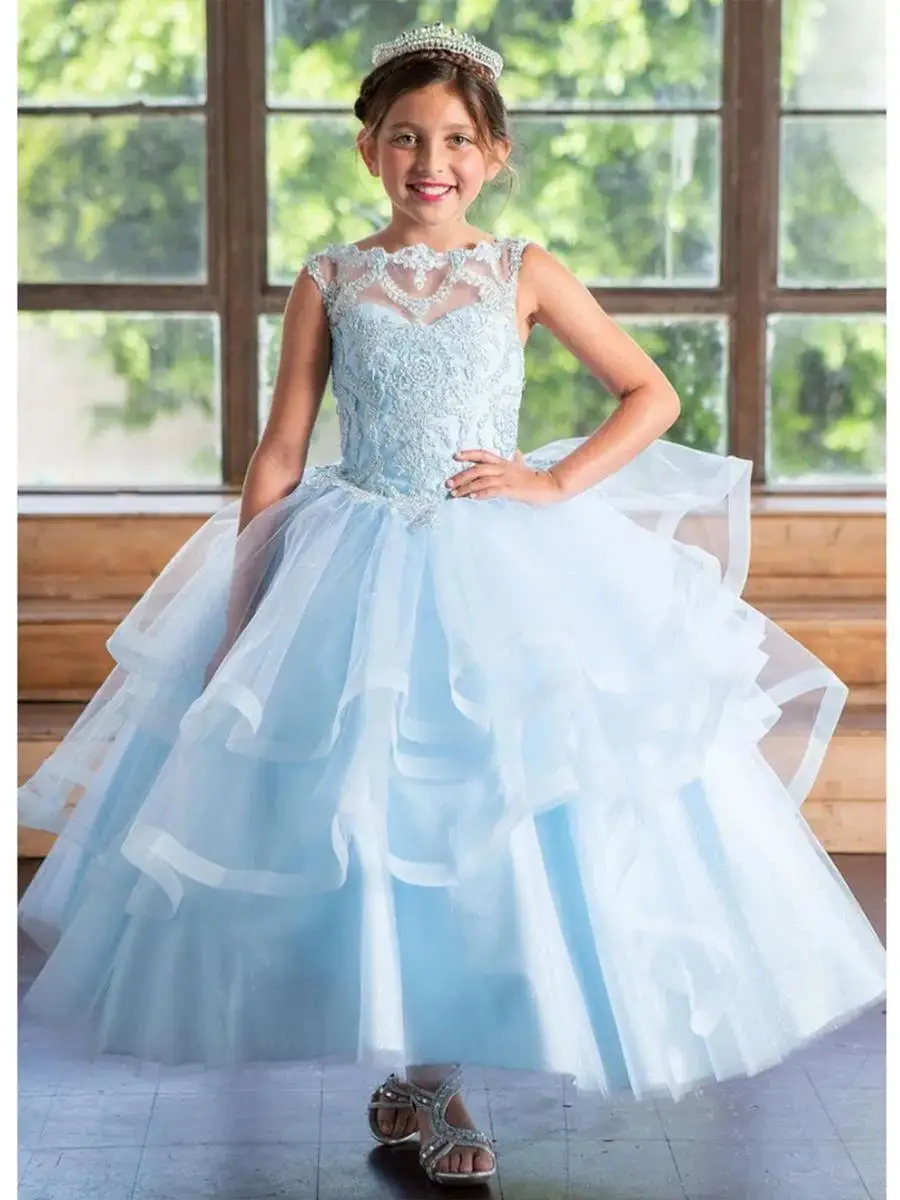 

Sky Blue Mini Quinceanera Dresses A-line Scoop Tulle Appliques Flower Girl Dresses For Weddings Mexican Pageant Dresses Baby