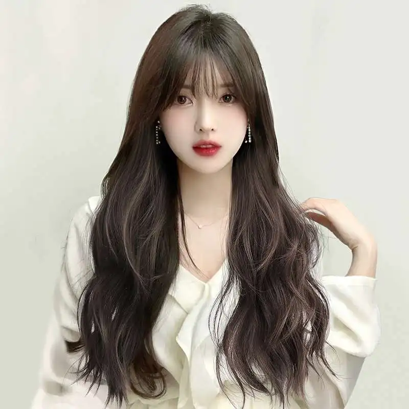 

ALXNAN HAIR Long Brown Wavy Synthetic Wigs with Bang Natural Wave Hair Wig for Black Women Daily Cosplay Heat Resistant Fiber