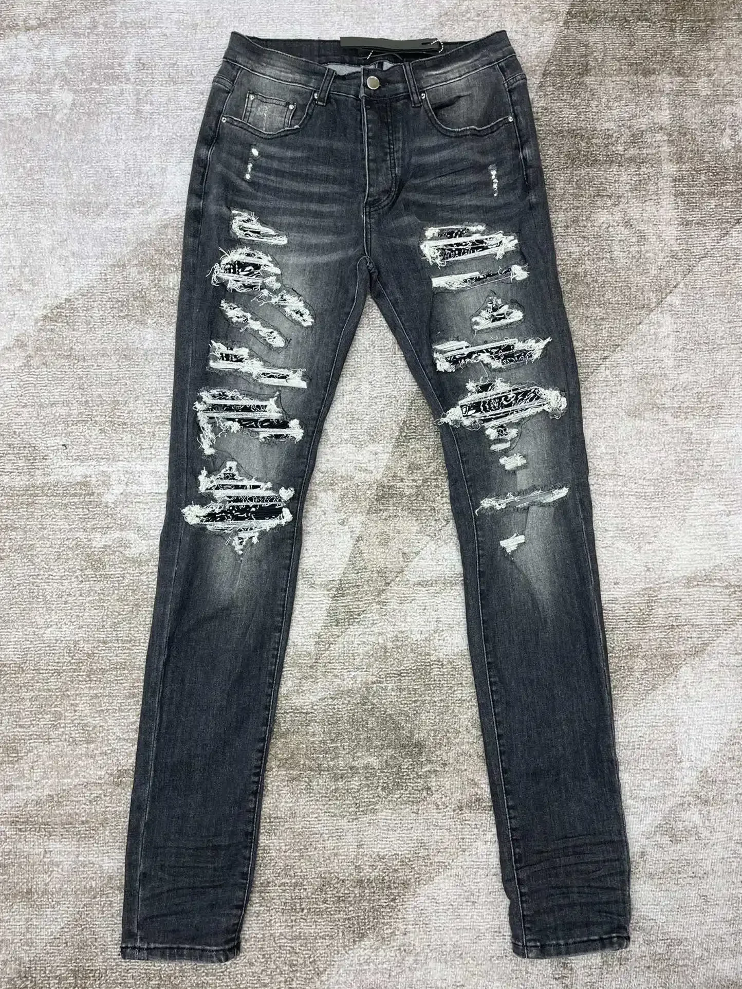 

Мужские джинсы 2024, уличная одежда, модные рваные новые джинсы, кешью, в стиле пэчворк, узкие джинсы из спандекса, в стиле хип-хоп