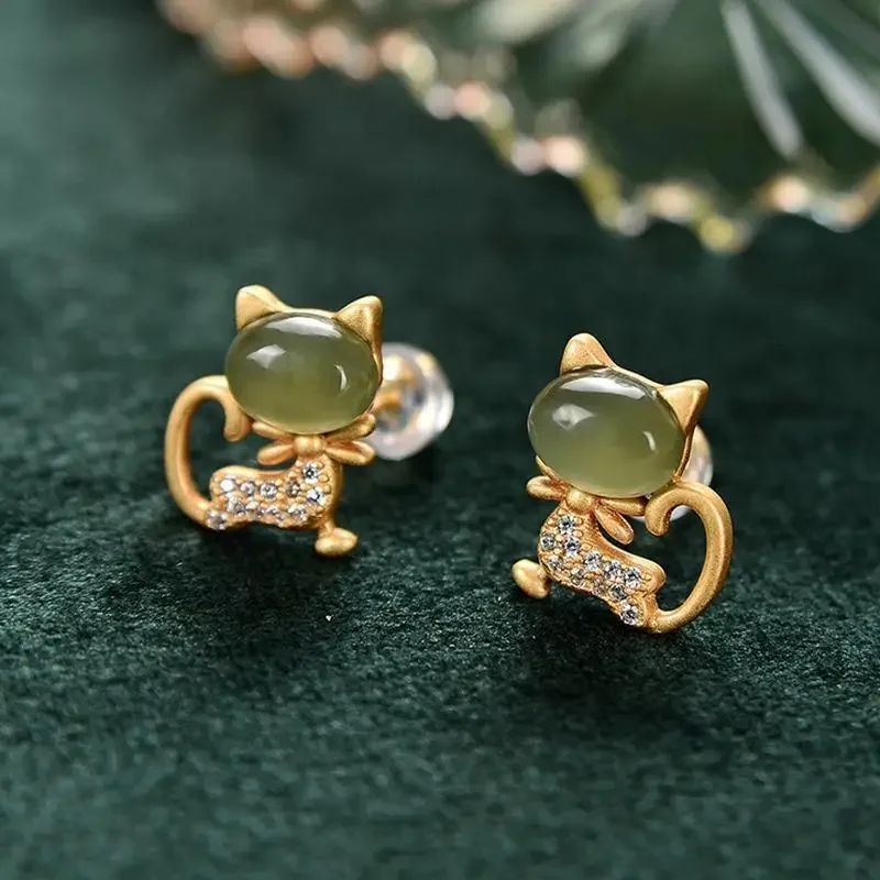 

Jade Cat Stud Earrings for Women Charm Jewelry Gemstones Gift Carved Real Gemstone Fashion 925 Silver Talismans Natural