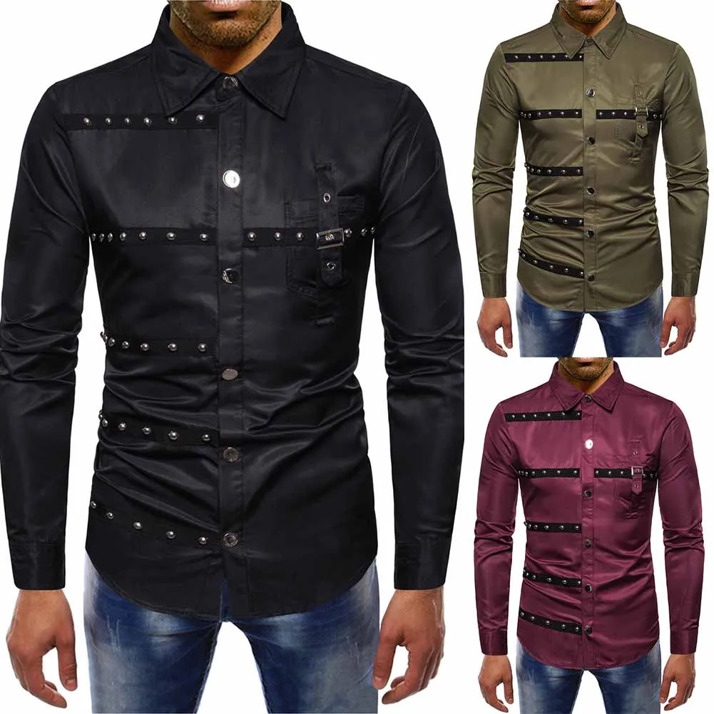 Men Rivet Shirt Gothic Style Long Sleeve Punk Slim Fit Button Front Blouses Tops Collared Solid Color Shirt
Men Rivet Shirt Gothic Style Long Sleeve Punk Slim Fit Button Front Blouses Tops Collared Solid Color Shirt