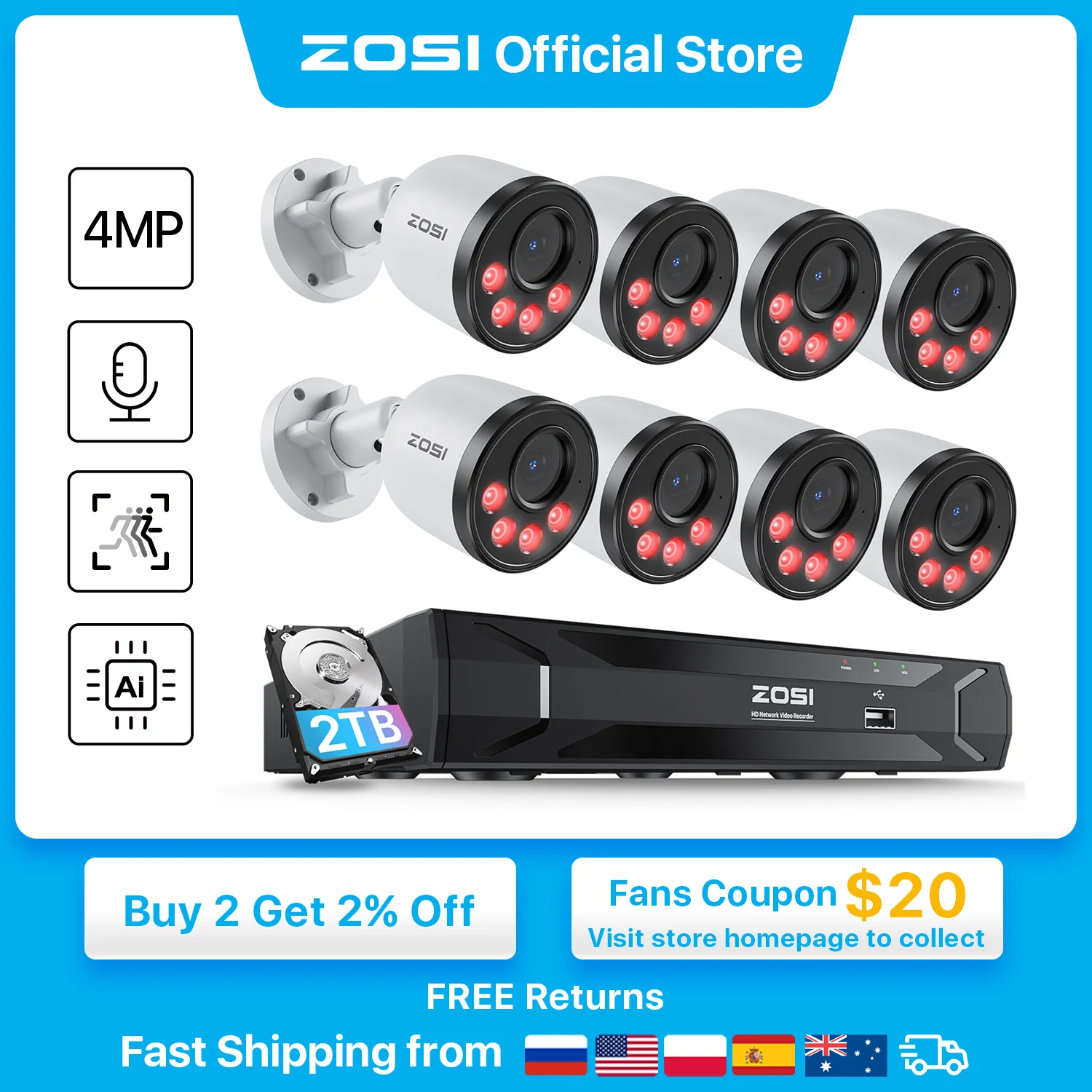 

ZOSI 8CH PoE Security Camera System H.265+ 5MP 8 Channel NVR 4MP HD Outdoor PoE IP Cameras 25FPS CCTV Video Surveillance Kit