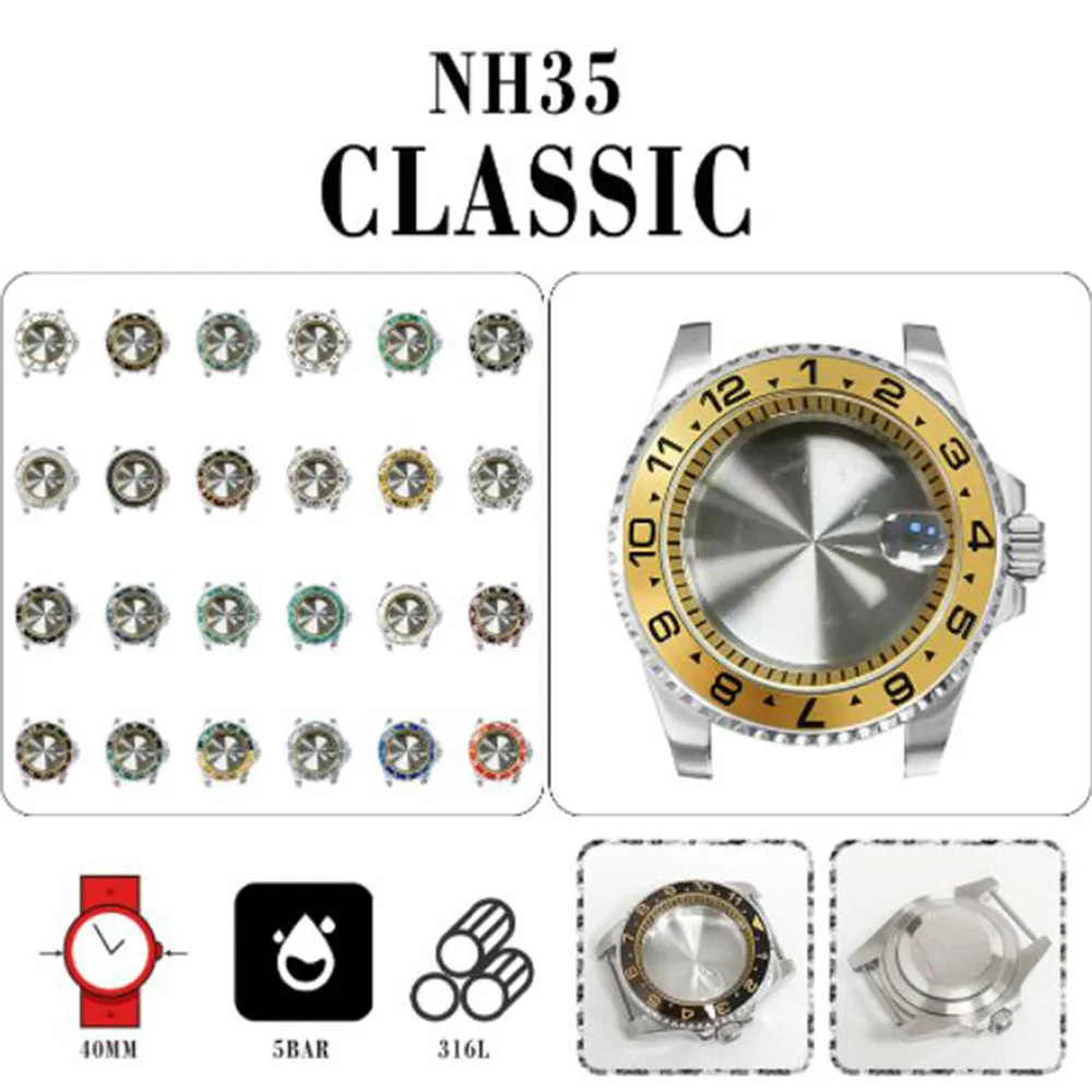 316L 40mm Case Sapphire Magnifying Glass Dual Color SUB GMT Bezel Yellow Inner Ring For Japan NH35/NH36 Modify Shell
316L 40mm Case Sapphire Magnifying Glass Dual Color SUB GMT Bezel Yellow Inner Ring For Japan NH35/NH36 Modify Shell