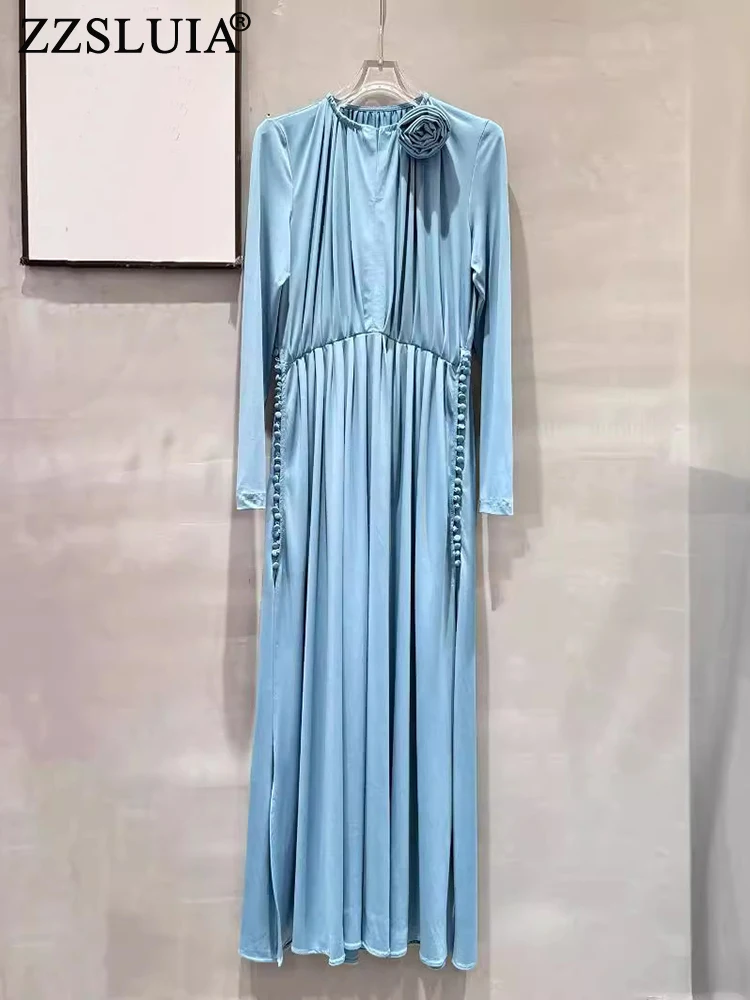 

ZZSLUIA Elegant Dresses For Women Hollow Out Designer 3D Flower Appliques Slim Long Dress Fashion Long Sleeve Shirring Dresses