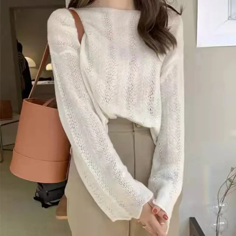 

French Sweet Loose Solid Sexy Tops Casual Slash Neck Knitted Shirt Women Spring Flared Long Sleeve Hollow Blouse Blusas 26620