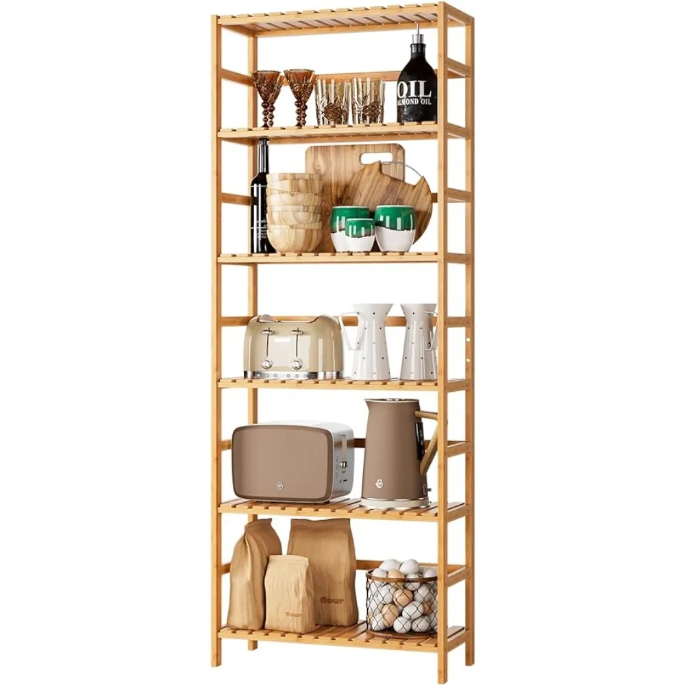 

FOTOSOK 6-Tier Bamboo Shelf, Bamboo Bookcase with Adjustable Shelves, Plant Flower Stand for Kitchen, Bathroom, Home Office