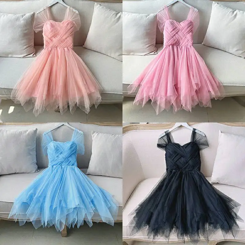 

Black Pink Criss-Cross Tulle Prom Dress Girl Junior Adult Knee Length Ball Gown Graduation Short Bridesmaid Dresses