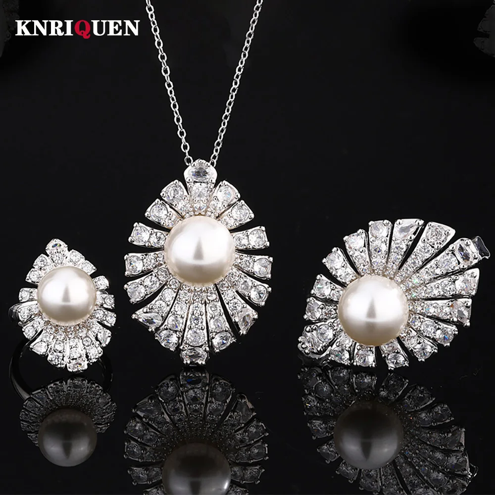 

Luxury 12-14mm White Pearl Lab Diamond Pendant Necklace Ring Brooch for Women Wedding Party Fine Jewelry Sets Anniversary Gift