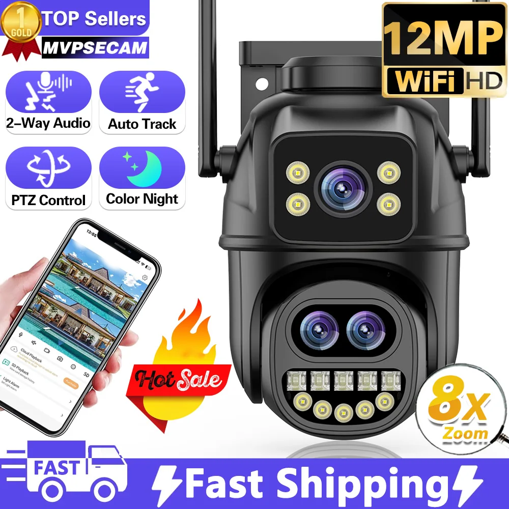 

12MP 6K Outdoor WIFI Camera 8X Zoom Three Lens Dual Screens PTZ Video Cameras Auto Tracking Home Security CCTV Surveillance Cam