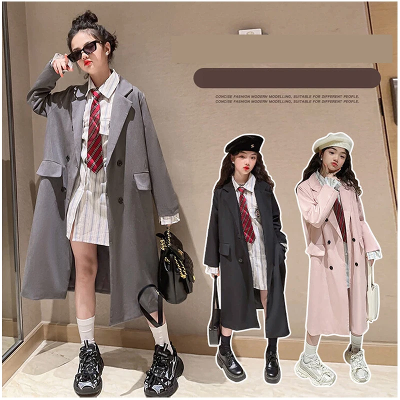 

Teens Girl Long Trench Coat Autumn Kids Fashion Streetwear Black Gray Pink Children Windbreaker 10 12 13 Years