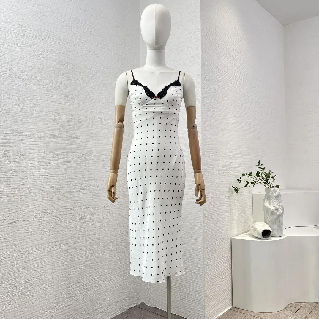 

2024 New High Quality White Black Silk Polka Dots Print Heart Shaped Collar Sling Sleeveless Women Midi Dress Lady Camisole