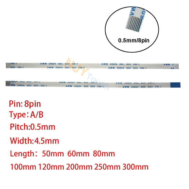 8Pin 0.5mm Pitch FFC FPC AWM 20624 80C 60V VW-1 A B Type Flat Flexible Cable 60/100/150/200/250/300/400mm
8Pin 0.5mm Pitch FFC FPC AWM 20624 80C 60V VW-1 A B Type Flat Flexible Cable 60/100/150/200/250/300/400mm