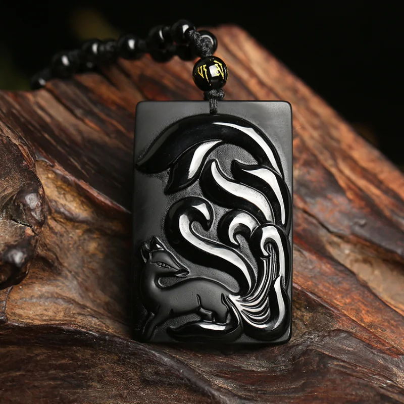 

Natural Black Obsidian Hand Carved Nine Tailed Fox Jade Pendant Fashion Boutique Jewelry Men's and Women's Fox Necklace Gift