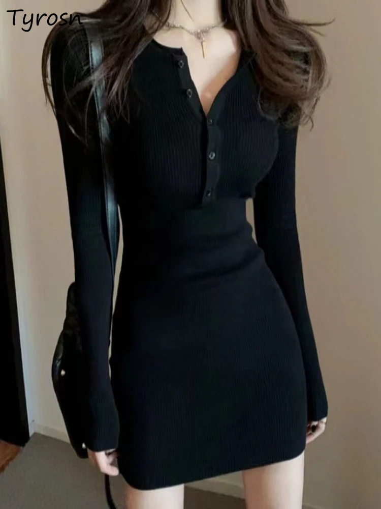 

Черные осенние простые мини-платья с длинным рукавом для женщин, базовые стильные привлекательные приталенные дизайнерские уличные элегантные женские платья в стиле ольччан