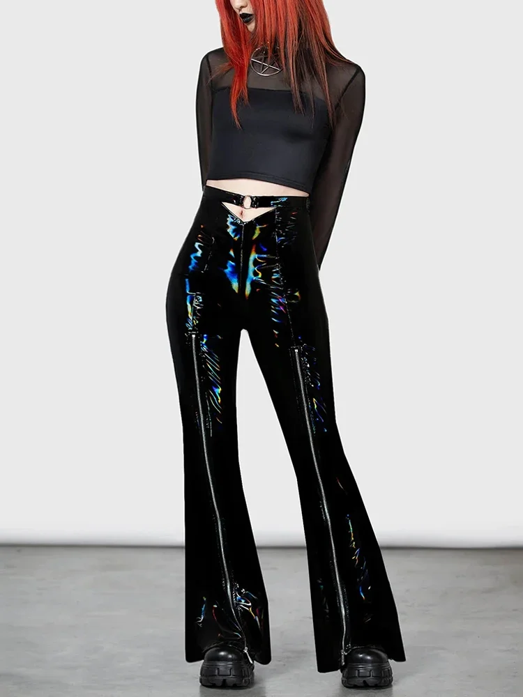 

Sexy Faux Latex Hollowed Out Navel Flare Pants Women High Waist Gothic Zip Patent Leather Trousers Custom Wet Look Slim Pants
