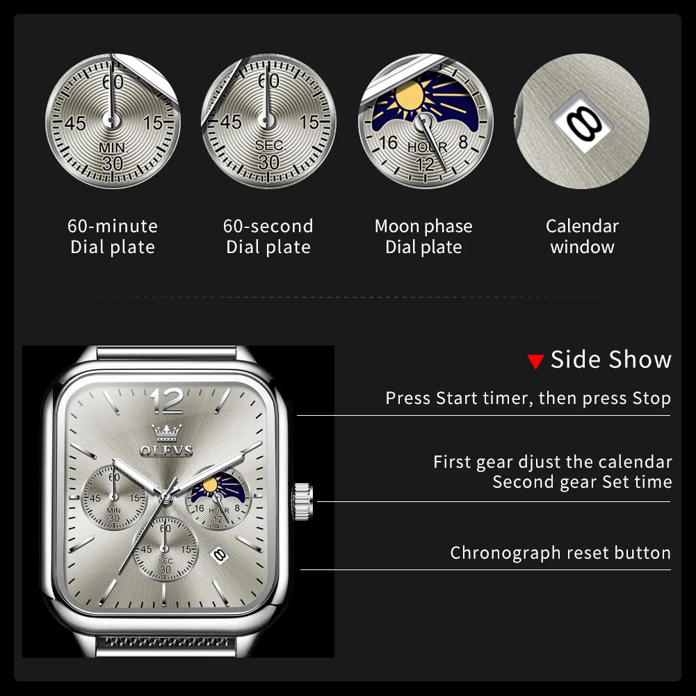 OLEVS-Montre à Quartz Étanche pour Homme, Cadran Carré, Shoous, Phase de Lune, Date, Chronographe, Tendance, Mode Originale 4