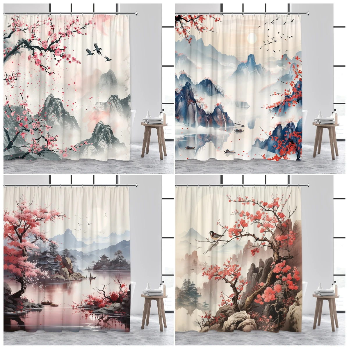 Ink Landscape Shower Curtain Abstract Mountain Water Red Floral Birds Chinese Style Bath Curtains Home Bathroom Decor with Hooks
Ink Landscape Shower Curtain Abstract Mountain Water Red Floral Birds Chinese Style Bath Curtains Home Bathroom Decor with Hooks