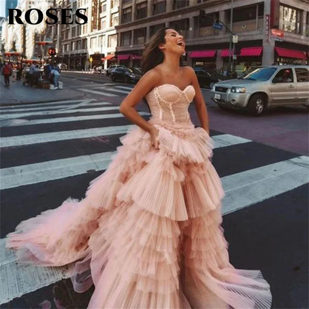 

ROSES Pink Party Dress Sweetheart A-Line Evening Dresses With Lace Layered Cake Dress Ball Gown Tulle Floor Length فستان سهرة