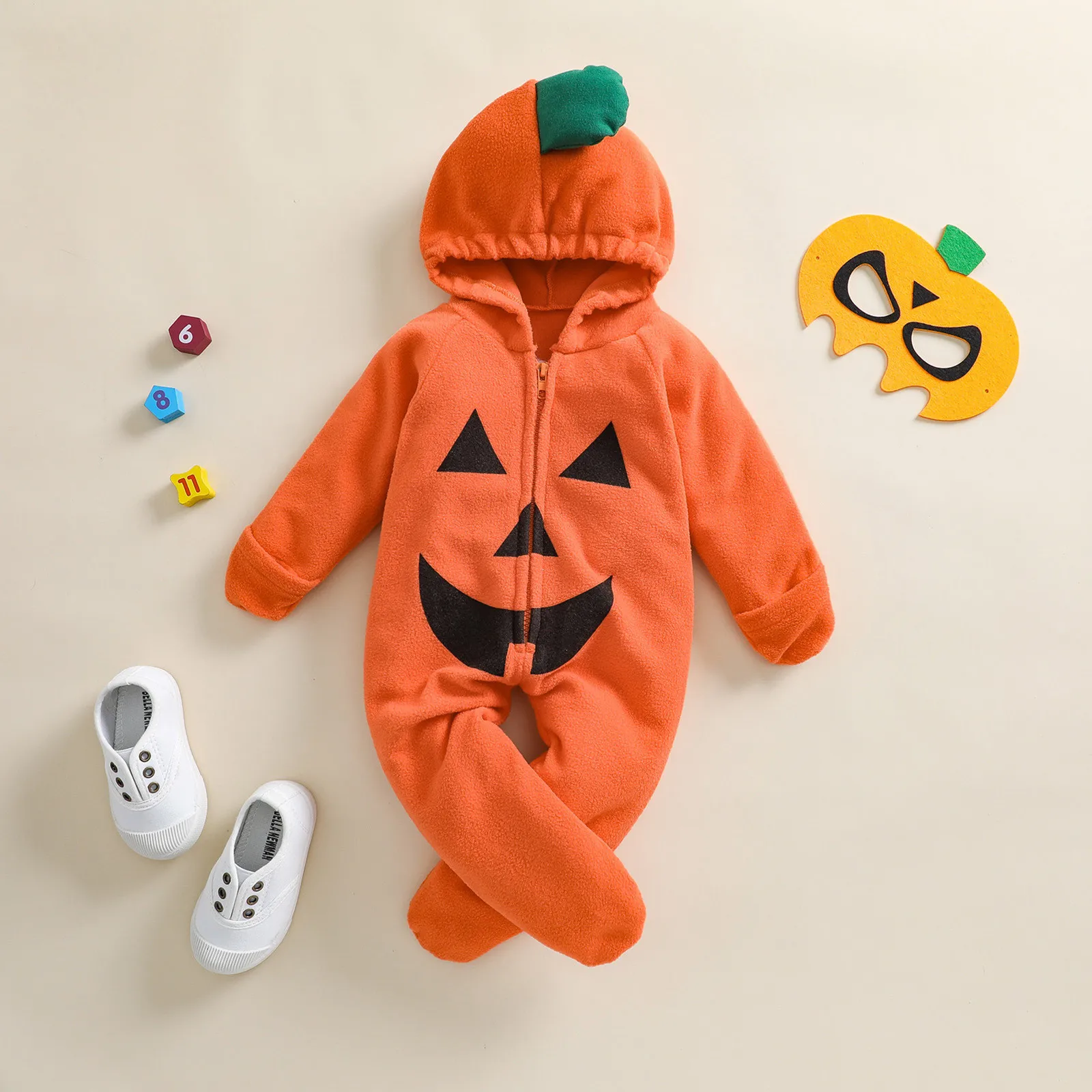 

Baby Pumpkin Print Hooded Romper Plush Long Sleeve Full Zip Footed Jumpsuit Autumn Winter Warm Outwear Halloween Costume New