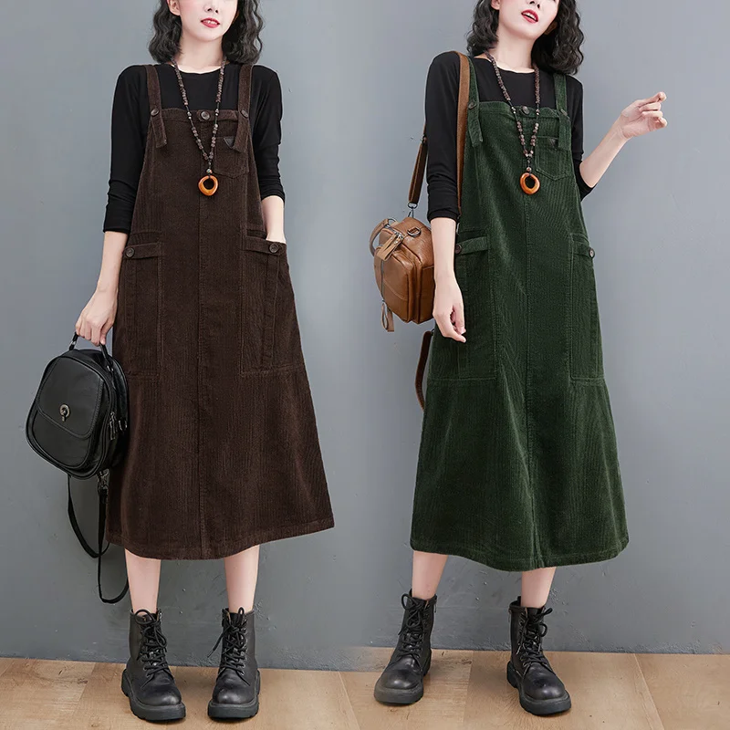 

#3238 Vintage Corduroy Dresses Women Sleeveless A-line Midi Dress Female Loose Pockets Casual Suspender Dress Black Brown Green