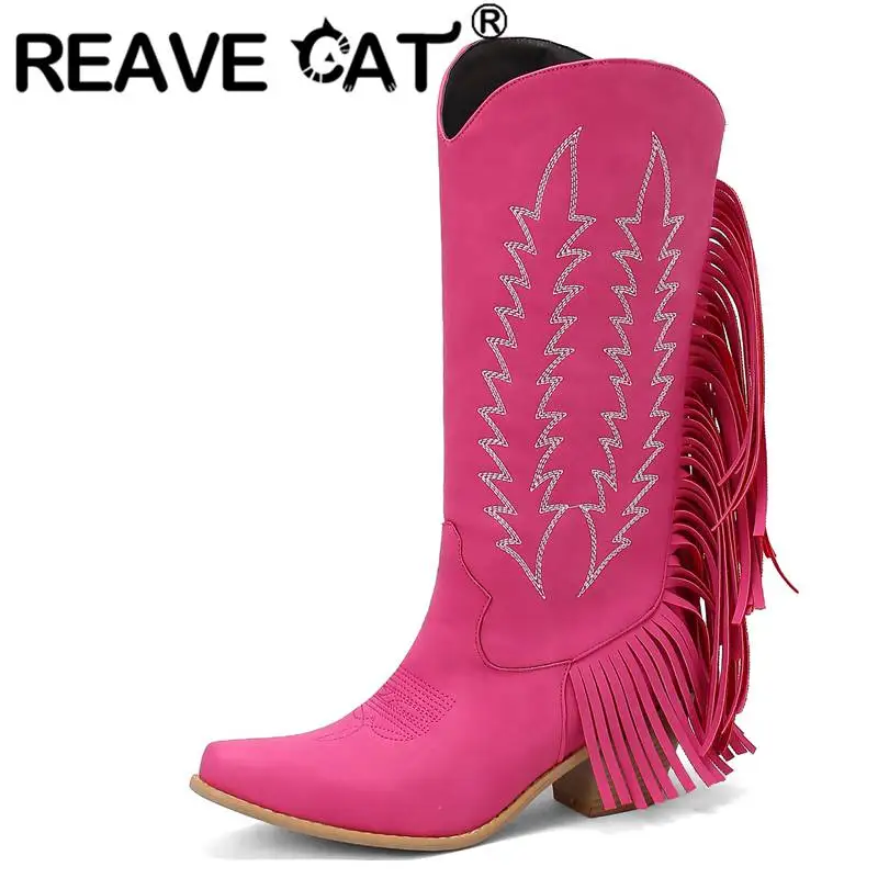 REAVE CAT Cowboy Western Boots 32cm Women Square Toe Block Heel 6cm Tassels Print Large Size 35-48 Solid Pink Red Mid Calf S4202
REAVE CAT Cowboy Western Boots 32cm Women Square Toe Block Heel 6cm Tassels Print Large Size 35-48 Solid Pink Red Mid Calf S4202