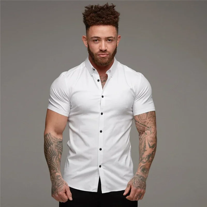 

Men's Fashion Dress Shirt Summer Classic Slim Fit Button Short Sleeve Shirts For Men Casual Business Male Hipster Social Shirt