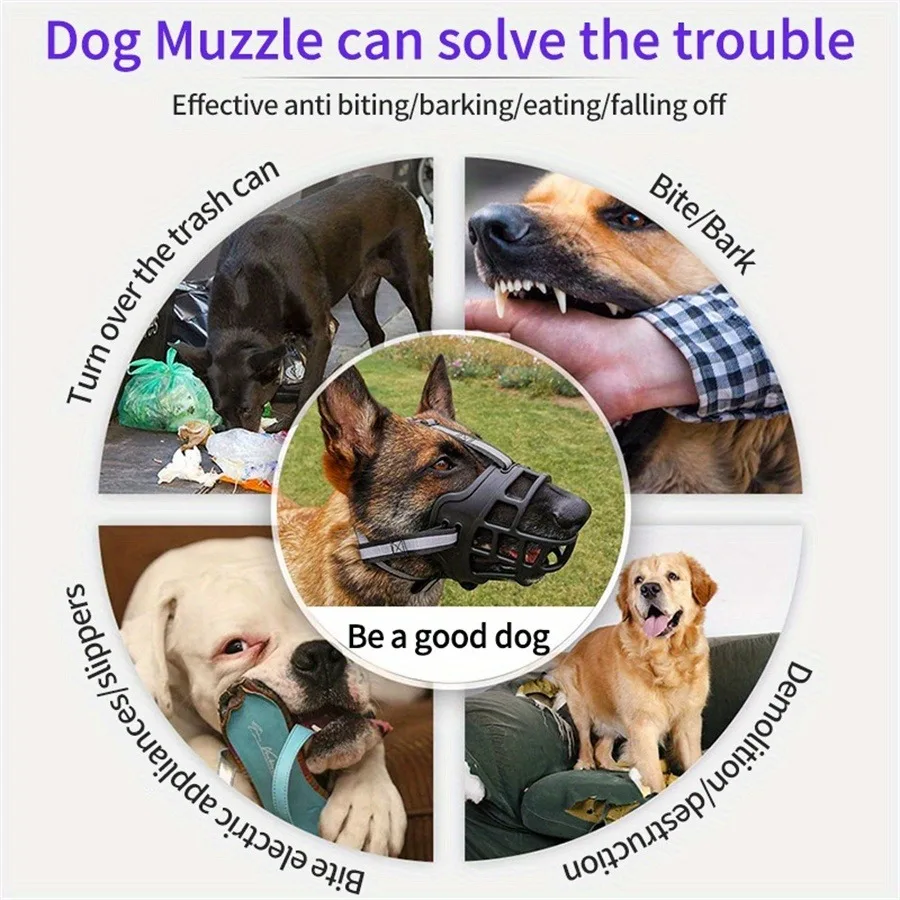 Adjustable Dog Muzzle | Breathable Comfortable for Small to Large Dogs A circular infographic titled "Dog Muzzle can solve the trouble" showing four scenarios: a dog rummaging through a trash can, a dog biting a person