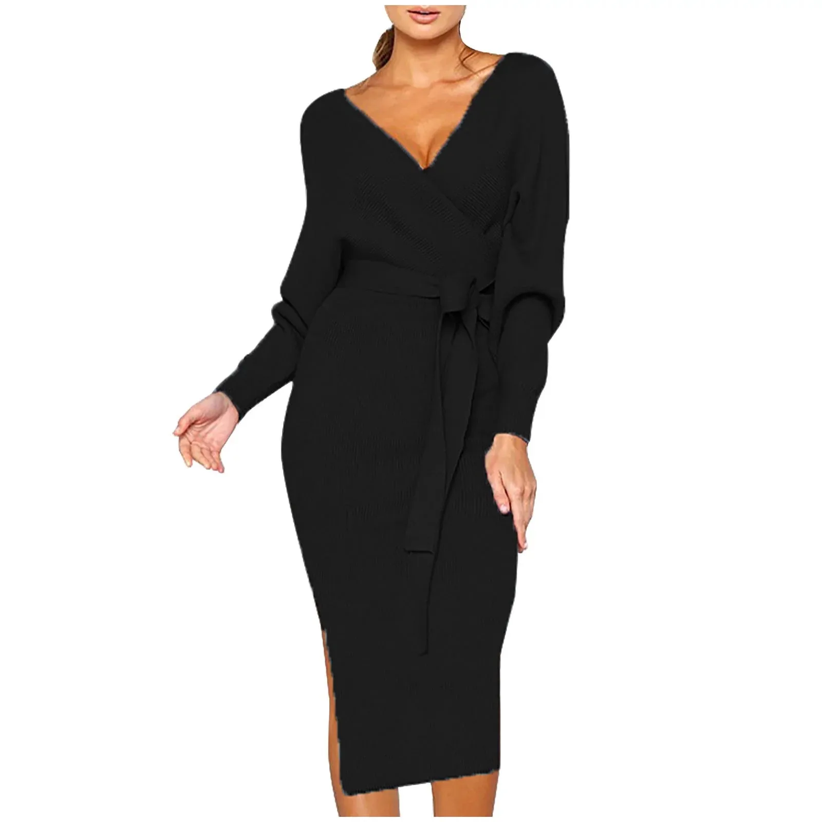 

Women's Warp V Neck Long Sleeve Ruffle Split Midi Dress Solid Color Bodycon Cocktail Party Captivating And Graceful Dresses