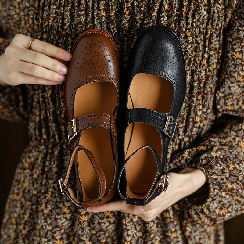 

2024 new spring Women pumps natural leather 22-25cm cowhide+pigskin+sheepskin full leather Retro buckle brogues women shoes