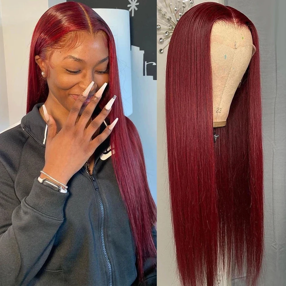 

Burgundy Straight Lace Frontal Wig Pre Plucked Remy 13x4 99j Transparent Lace Front Human Hair Wigs For Women Color 180% Density