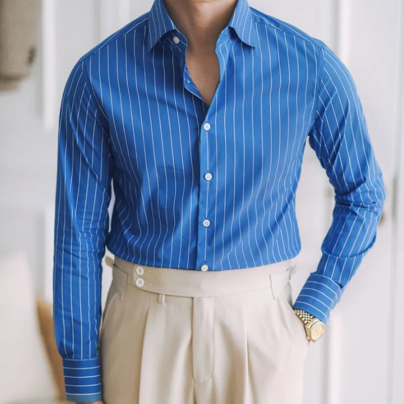 

Casual Blue Stripe Shirt Men's Business Versatile Non Iron Naples Italian Splayed Collar Long Sleeved Gentleman Fashion Shirt