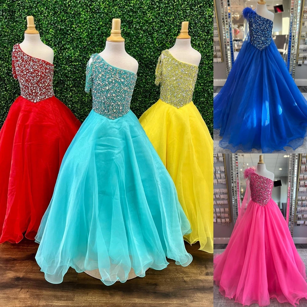 

One-Shoulder Ballgown Girl Pageant Dress 2023 Crystals AB Stones Little Kid Birthday Formal Party Gown Infant Toddler Teens Tiny