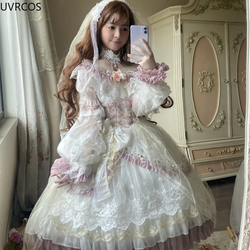 

Japanese Sweet Kawaii Lolita Dress Women Victorian Vintage Princess Party Wedding Dresses Girly Lace Bow Elegant Lolita Clothing