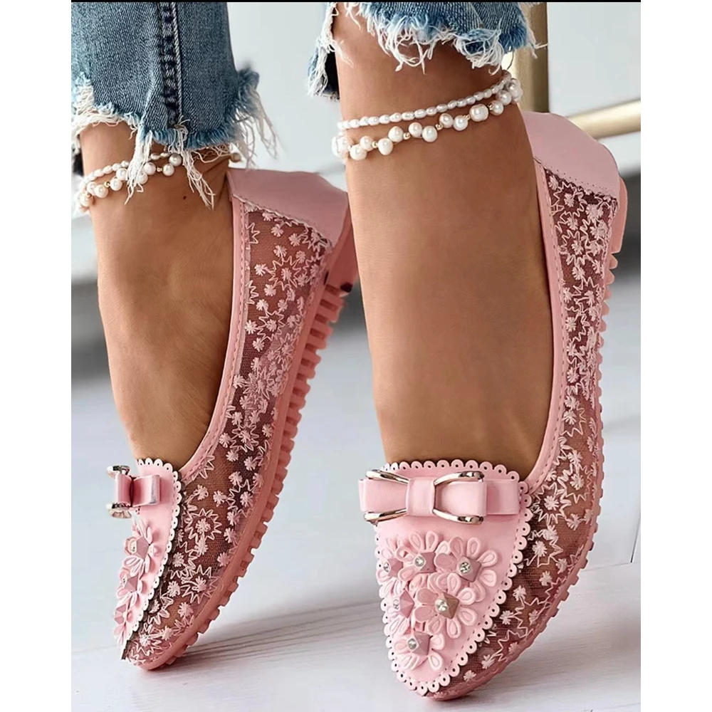 

Summer Women Floral Embroidery Bowknot Decor Loafers Casual Flats Lady Outdoor Fashion Contrast Sheer Mesh Going Out Slip-on