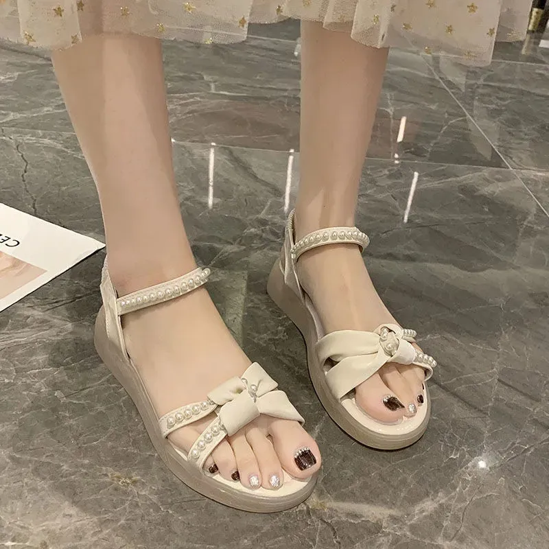 

Designer Luxury Pearls Sandals Women 2022 Summer Fashion Platform Shoes Ladies Elegant Rome Outdoor White Green Peep Toe Flats