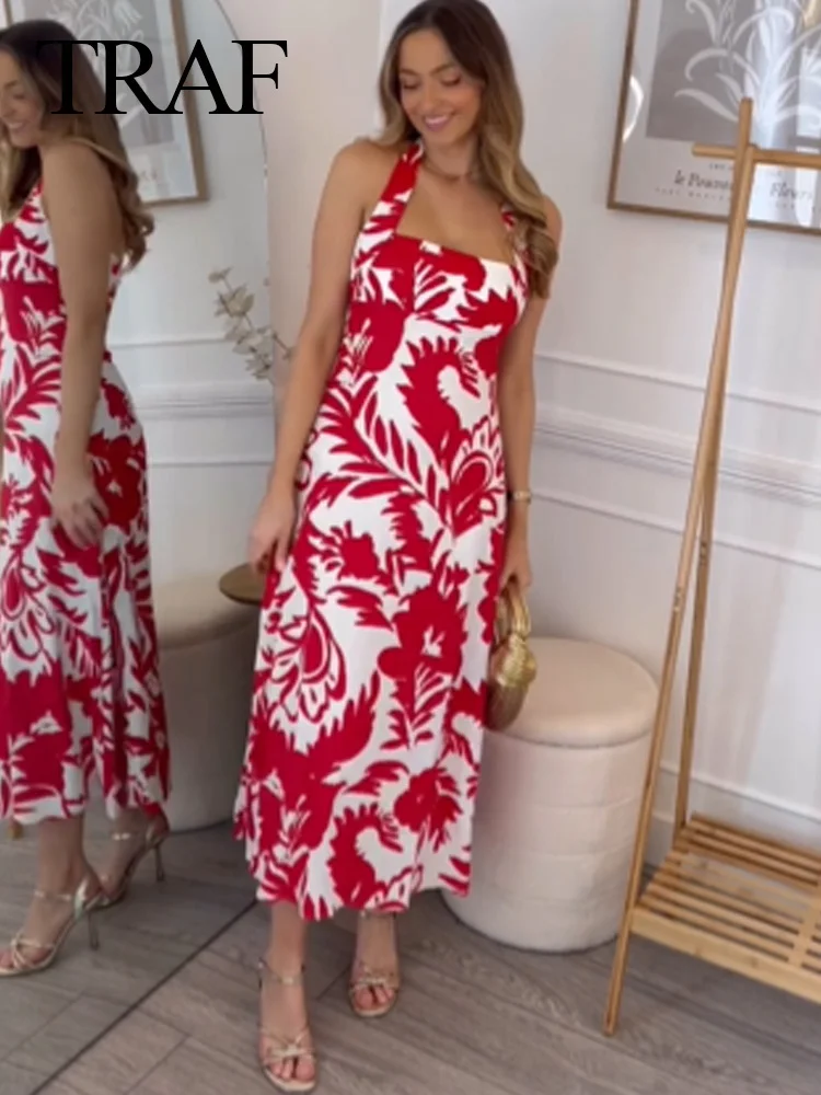 

TRAF 2024 Elegant Woman Slim Backless Beach Party Long Dress Women Back Zipper Red Print Splicing Decorate Halter Neck Dress